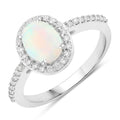 0.65 Ct Oval White Ethiopian Opal and Lab Diamond Prong Silver Halo Pave Ring by Fine Color Jewels