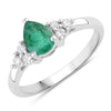 0.65 Ct Pear Green Zambian Emerald and Lab Diamond Prong Silver Cocktail Ring