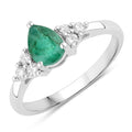 0.65 Ct Pear Green Zambian Emerald and Lab Diamond Prong Silver Cocktail Ring by Fine Color Jewels