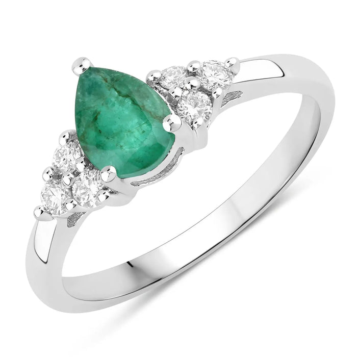 0.65 Ct Pear Green Zambian Emerald and Lab Diamond Prong Silver Cocktail Ring by Fine Color Jewels