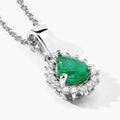 0.65 Ct pear Green Zambian Emerald and Lab Diamond Prong Silver Halo teardrop pendant Necklace by Fine Color Jewels