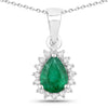 0.65 Ct pear Green Zambian Emerald and Lab Diamond Prong Silver Halo teardrop pendant Necklace