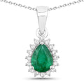 0.65 Ct pear Green Zambian Emerald and Lab Diamond Prong Silver Halo teardrop pendant Necklace by Fine Color Jewels