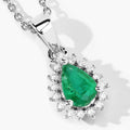 0.65 Ct pear Green Zambian Emerald and Lab Diamond Prong Silver Halo teardrop pendant Necklace by Fine Color Jewels