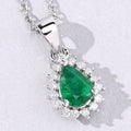 0.65 Ct pear Green Zambian Emerald and Lab Diamond Prong Silver Halo teardrop pendant Necklace by Fine Color Jewels