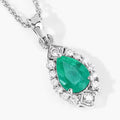 0.65 Ct Pear Green Zambian Emerald & Lab Diamond Prong Silver Teardrop Halo Pendant Necklace by Fine Color Jewels