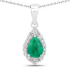 0.65 Ct Pear Green Zambian Emerald & Lab Diamond Prong Silver Teardrop Halo Pendant Necklace