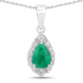 0.65 Ct Pear Green Zambian Emerald & Lab Diamond Prong Silver Teardrop Halo Pendant Necklace by Fine Color Jewels