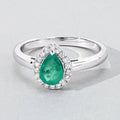 0.65 Ct Pear Green Zambian Emerald & Lab Diamond Prong Silver Halo Ring by Fine Color Jewels