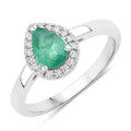 0.65 Ct Pear Green Zambian Emerald & Lab Diamond Prong Silver Halo Ring by Fine Color Jewels