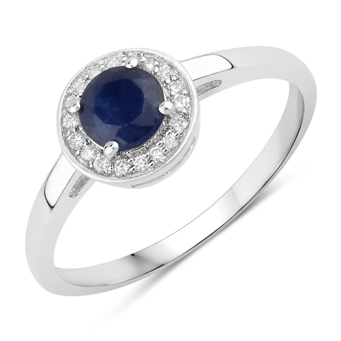 0.65 Ct Round Blue Sapphire & Lab Diamond Prong Silver Halo Engagement Ring by Fine Color Jewels