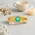 0.65 Ct Round Green Emerald and White Sapphire Prong 22K Gold Vermeil Pave Split Band Ring by Fine Color Jewels