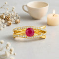 0.65 Ct Round Red Ruby 22k Gold Vermeil Split Band Fashion Prong Pave Ring by Fine Color Jewels