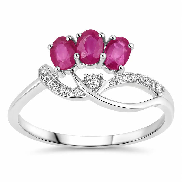 0.66 Ct Oval Pink Ruby & Diamond Prong 14K White Gold Pave Three Stone Knot Ring by Fine Color Jewels