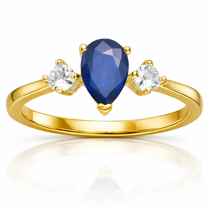 0.67 Ct Pear Blue Sapphire and White Sapphire Prong 22K Gold Vermeil Three Stone Ring by Fine Color Jewels