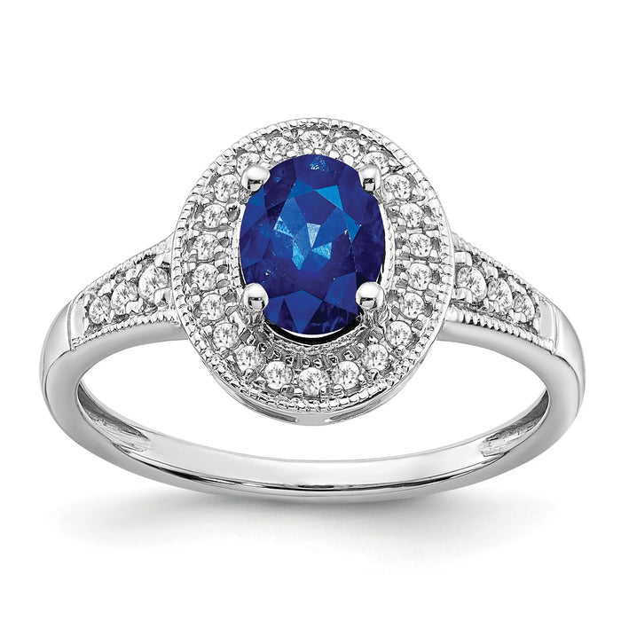 0.68 Ct Oval Lab Created Blue Sapphire and Diamond Prong 14K White Gold Halo Side Pave Ring by Fine Color Jewels