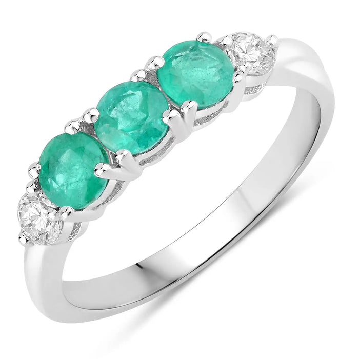 0.69 Ct Round Green Zambian Emerald & Lab Diamond Prong Silver Five Stone Ring by Fine Color Jewels