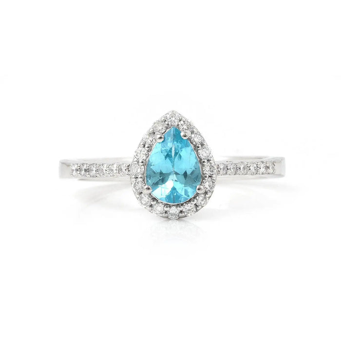 0.7 Ct Pear Blue Natural Paraiba Apatite Prong Rhodium Over Silver Teardrop Halo Ring by Fine Color Jewels
