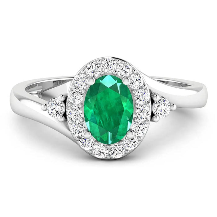 0.70 Ct Oval Green Zambian Emerald & Lab Diamond Prong 14K Gold Bypass Halo Ring by Fine Color Jewels