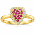 0.70 Ct Round Red Ruby 22k Gold Vermeil Fashion Cluster Halo Heart Pave Ring by Fine Color Jewels