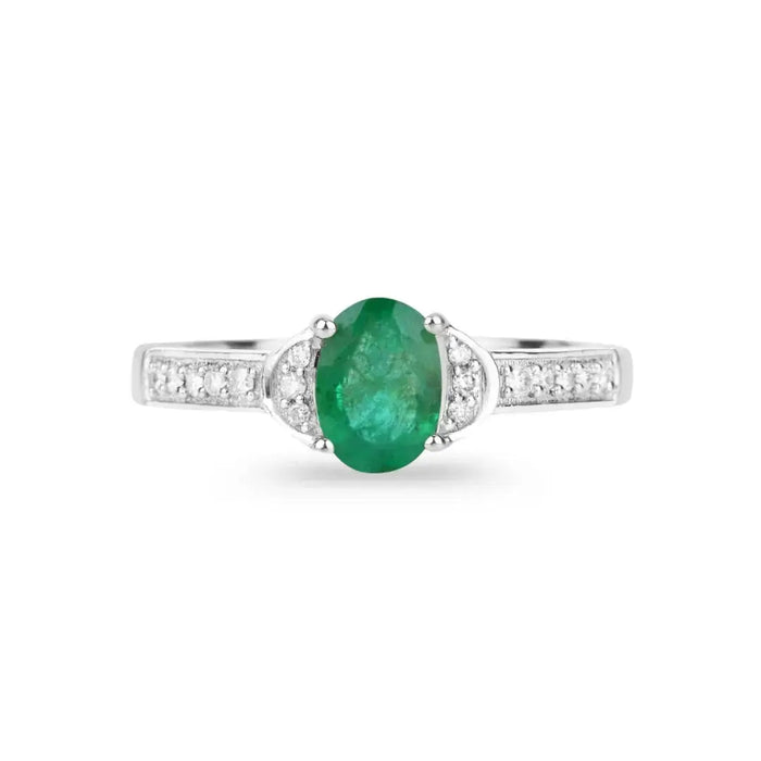 0.72 Ct Oval Green Zambian Emerald Diamond Prong 10k Gold Pave Bridge Ring by Fine Color Jewels