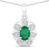 0.72 Ct Oval Green Zambian Emerald & Diamond Prong Silver Floral Pendant Necklace
