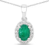 0.72 Ct Oval Green Zambian Emerald & Lab Diamond Prong Silver Halo Pendant Necklace