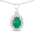 0.72 Ct Oval Green Zambian Emerald & Lab Diamond Prong Silver Halo Pendant Necklace by Fine Color Jewels
