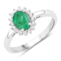 0.72 Ct Oval Green Zambian Emerald & Lab Grown Diamond Prong Silver Halo Engagement Ring by Fine Color Jewels