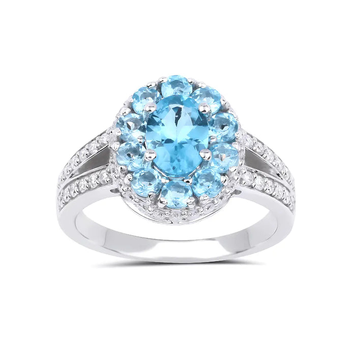 0.72CT Oval Natural Paraiba Apatite Prong Sterling Silver Cluster Halo Ring by Fine Color Jewels