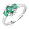 0.74 Ct Oval Green Zambian Emerald & Lab Diamond Prong Silver Three Stone Cocktail Ring