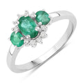 0.74 Ct Oval Green Zambian Emerald & Lab Diamond Prong Silver Three Stone Cocktail Ring by Fine Color Jewels