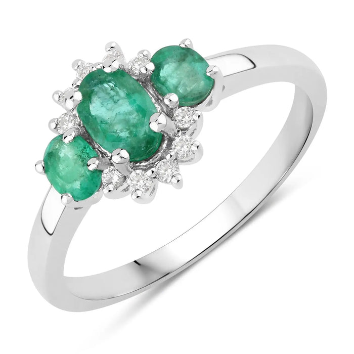 0.74 Ct Oval Green Zambian Emerald & Lab Diamond Prong Silver Three Stone Cocktail Ring by Fine Color Jewels