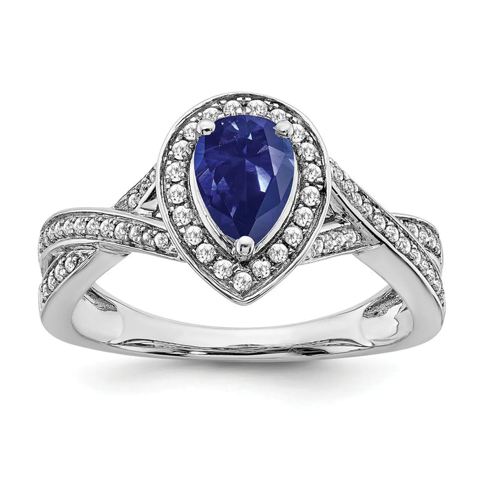 0.74 Ct Pear Blue Created Sapphire & Diamond Prong 14K White Gold Twisted Halo Ring by Fine Color Jewels