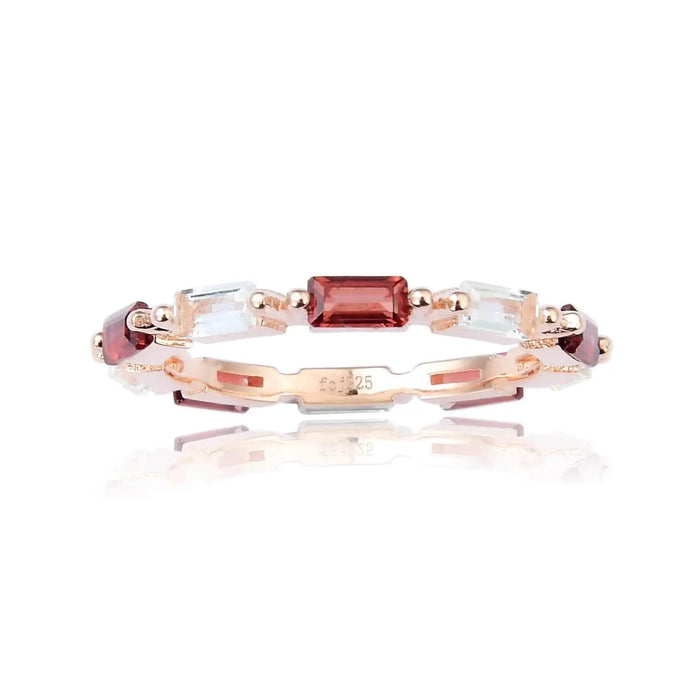 0.75 Ct Baguette Red Garnet and White Topaz Prong Silver Eternity Ring by Fine Color Jewels