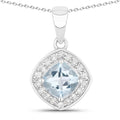 0.75 Ct Cushion Blue Aquamarine and Lab Diamond Prong Silver Halo Pendant Necklace by Fine Color Jewels