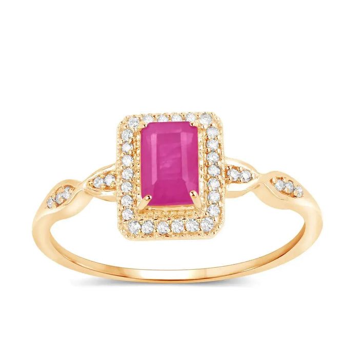 0.75 Ct Octagon Pink Ruby Diamond Prong 14K Yellow Gold Halo Ring by Fine Color Jewels