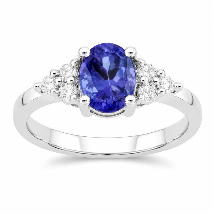 0.75 Ct Oval Violet Tanzanite and Lab Diamond Prong Silver Cocktail Ring by Fine Color Jewels