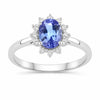 0.75 Ct Oval Violet Tanzanite and Lab Diamond Prong Silver Halo Statement Ring