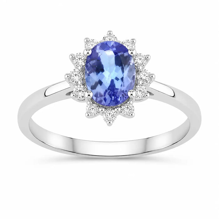 0.75 Ct Oval Violet Tanzanite and Lab Diamond Prong Silver Halo Statement Ring by Fine Color Jewels