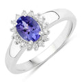 0.75 Ct Oval Violet Tanzanite and Lab Diamond Prong Silver Halo Floral Ring by Fine Color Jewels