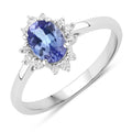 0.75 Ct Oval Violet Tanzanite and Lab Diamond Prong Silver Halo Statement Ring by Fine Color Jewels
