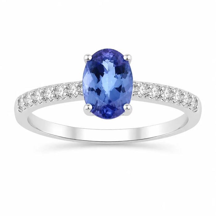 0.75 Ct Oval Violet Tanzanite and Lab Diamond Prong Silver Pave Band Ring by Fine Color Jewels