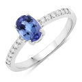0.75 Ct Oval Violet Tanzanite and Lab Diamond Prong Silver Pave Band Ring by Fine Color Jewels