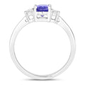 0.75 Ct Oval Violet Tanzanite and Lab Diamond Prong Silver Three Stone Ring by Fine Color Jewels