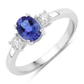 0.75 Ct Oval Violet Tanzanite and Lab Diamond Prong Silver Three Stone Ring by Fine Color Jewels