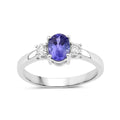 0.75 Ct Oval Violet Tanzanite and Lab Diamond Prong Silver Three Stone Ring by Fine Color Jewels