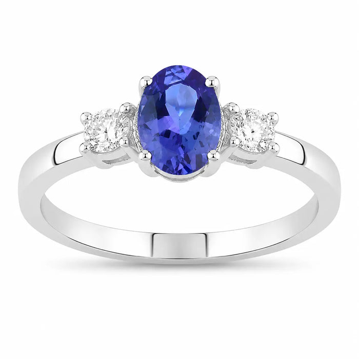 0.75 Ct Oval Violet Tanzanite and Lab Diamond Prong Silver Three Stone Ring by Fine Color Jewels