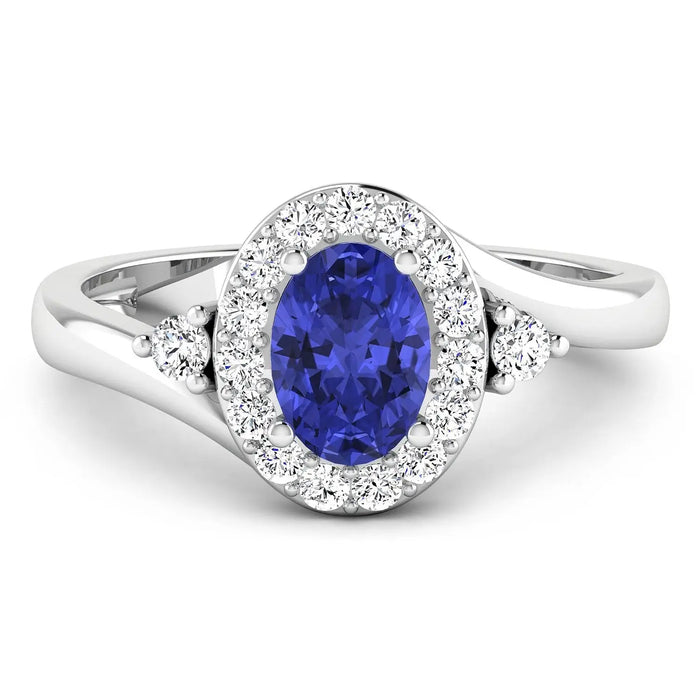 0.75 Ct Oval Violet Tanzanite & Lab Diamond Prong 14K Gold Halo Bypass Ring by Fine Color Jewels