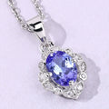 0.75 Ct Oval Violet Tanzanite & Lab Diamond Prong Silver Halo Statement Necklace by Fine Color Jewels